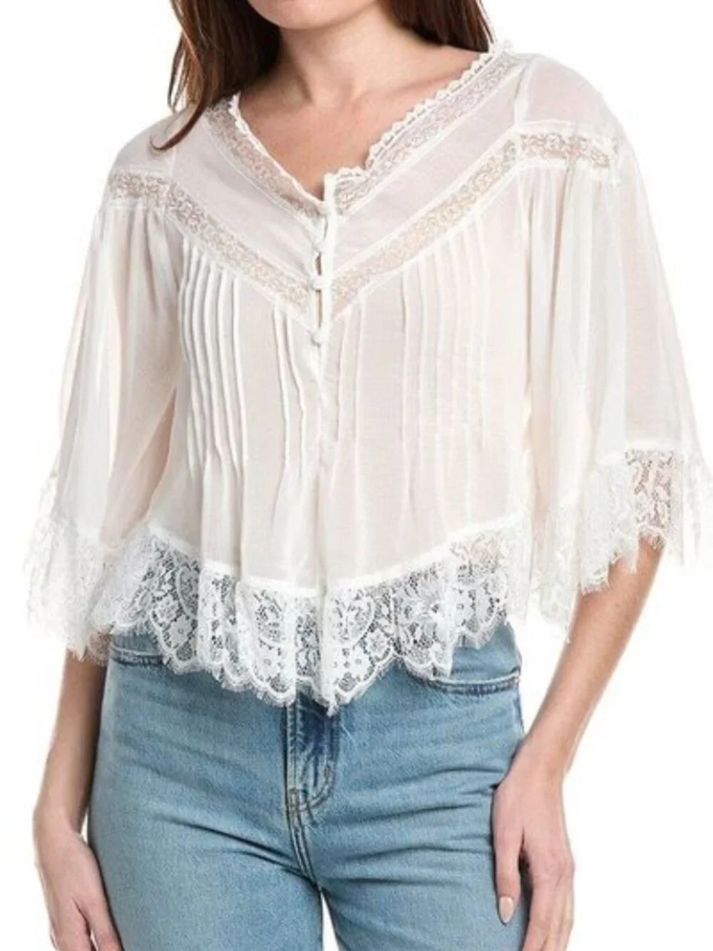 Free People Bali Midnight Rain Lace Top Romantic Bohemian Lace White NWT L - Picture 1 of 5